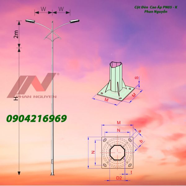 Cột đèn cao áp bát giác rời cần cao 10m BG10-78