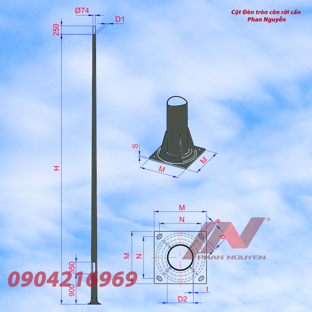 cột đèn cao áp tròn côn rời cần cao 11m TC11-78