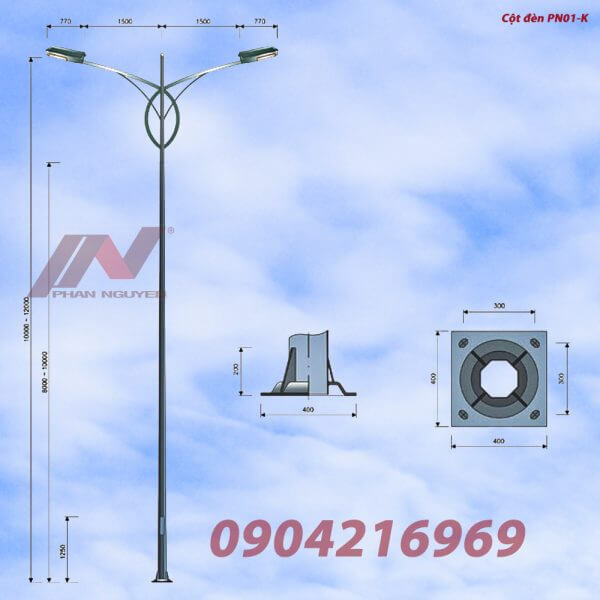 Cột đèn cao áp 7m bát giác rời cần BG7-78 lắp Cần đèn kép PN01-K