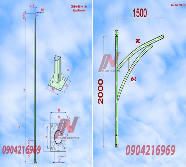 Cột đèn cao áp 8m bát giác rời cần lắp cần đèn đơn PN03-D