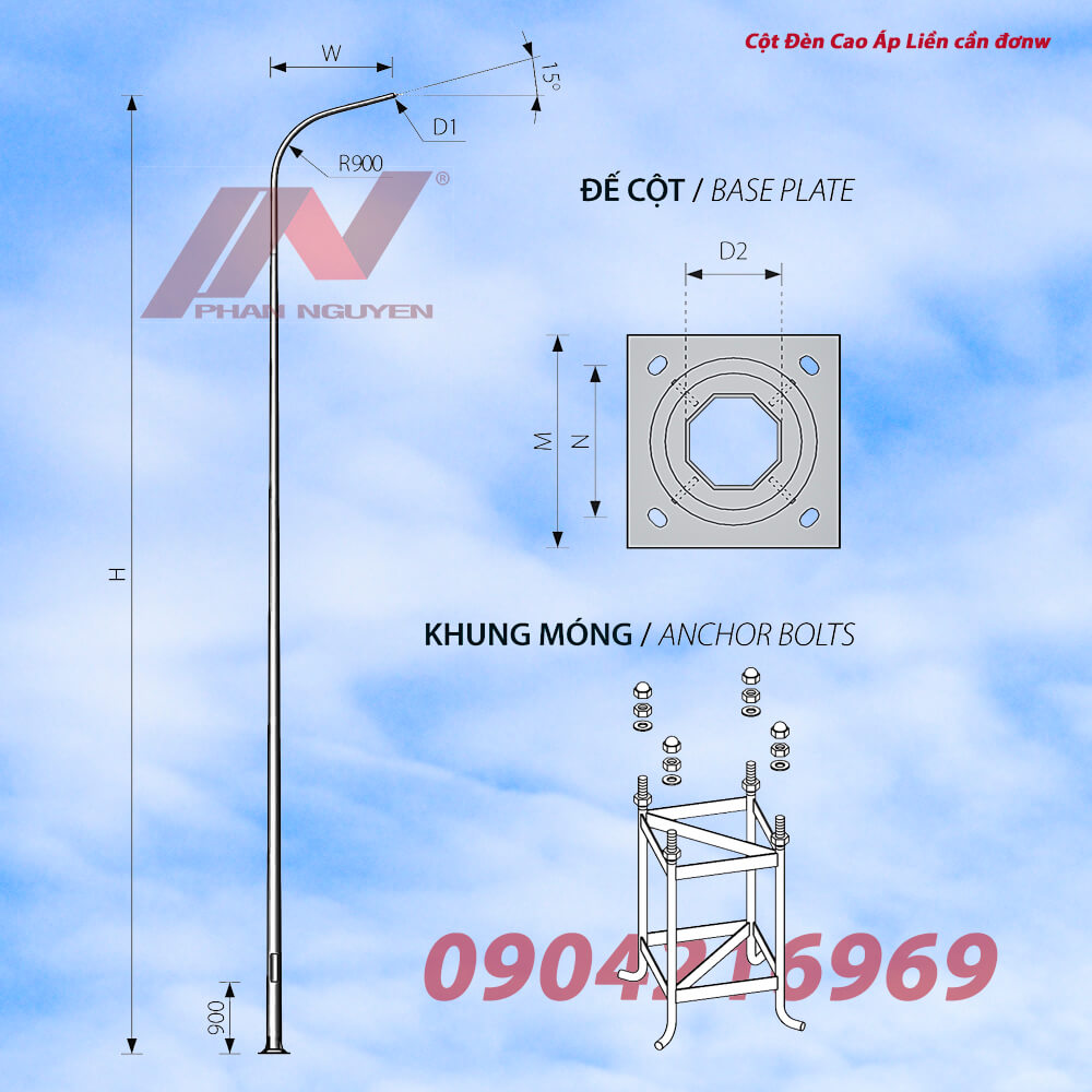 Cột đèn cao áp bát giác liền cần đơn cao 9m