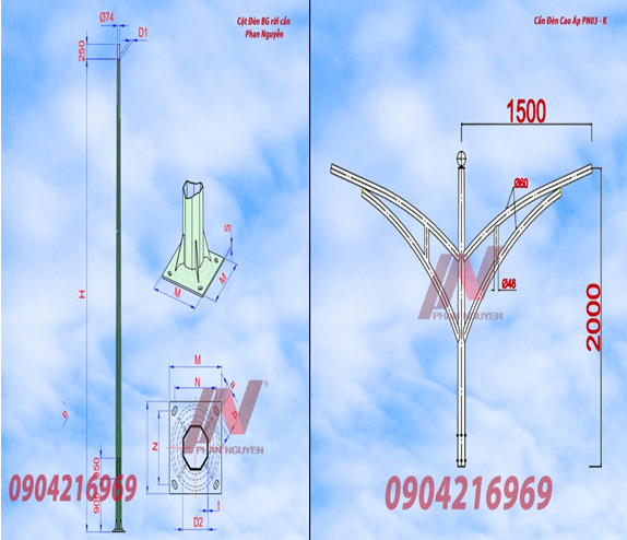 cột đèn cao áp bát giác rời cần cao 11m lắp cần đèn đôi PN03-K