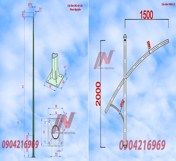 Cột đèn cao áp 8m bát giác rời cần BG8-78 lắp cần đèn đơn PN05-D