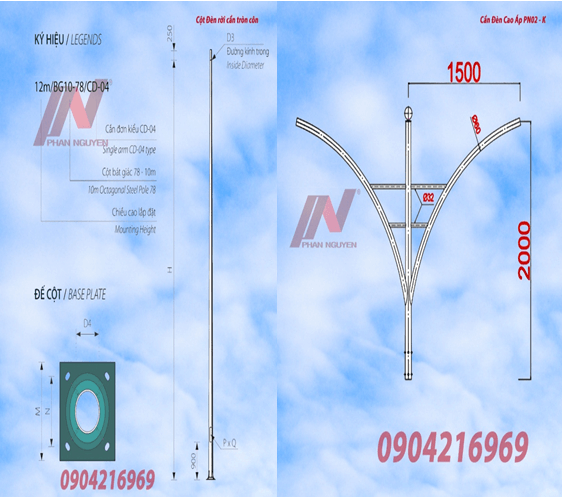 Cột đèn cao áp tròn côn rời cần cao 6m lắp cần đèn kép PN02-K