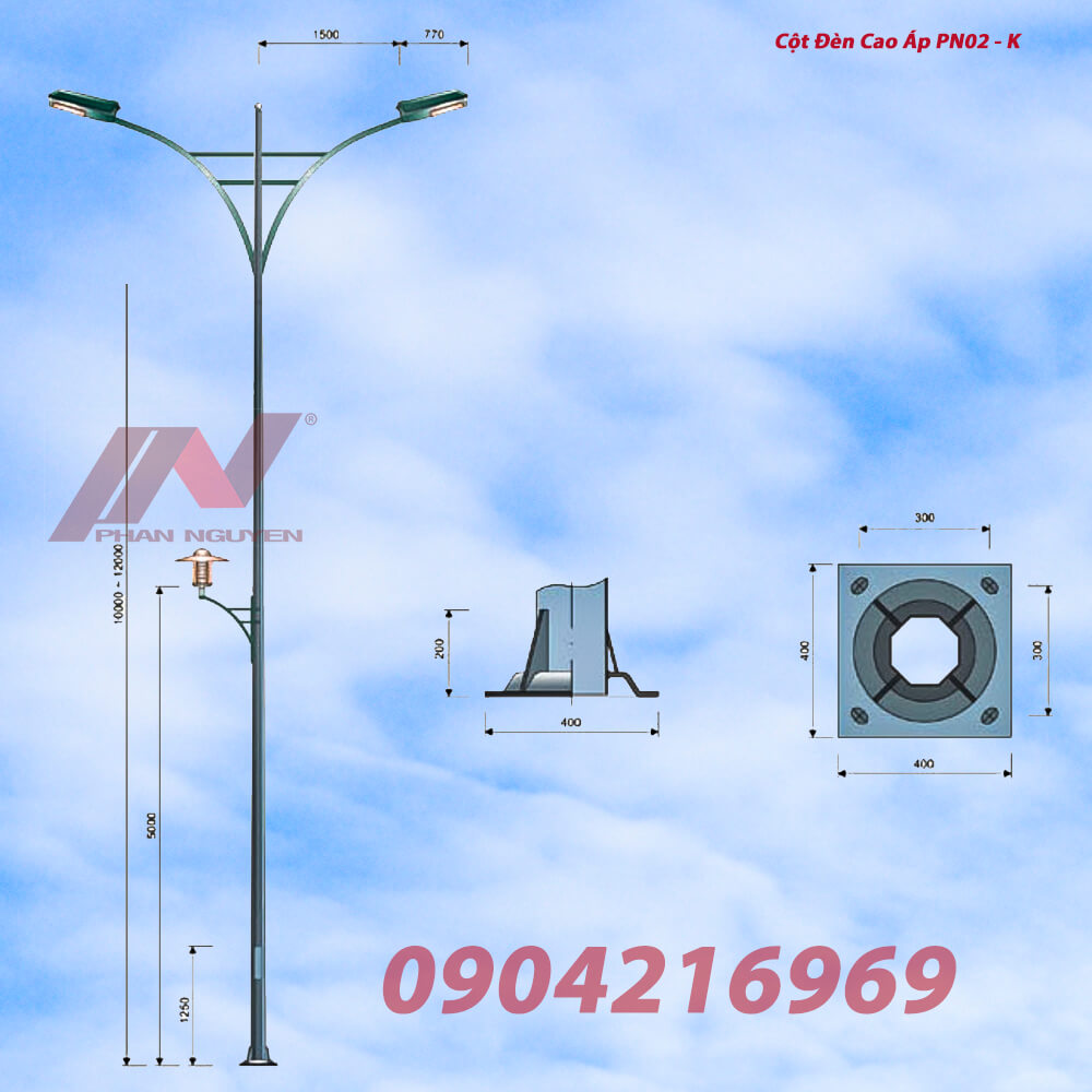 Cột đèn cao áp cao 10m bát giác rời cần lắp cần kép PN02-D
