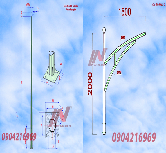 cột đèn cao áp bát giác rời cần cao 11m lắp cần đơn PN03-D