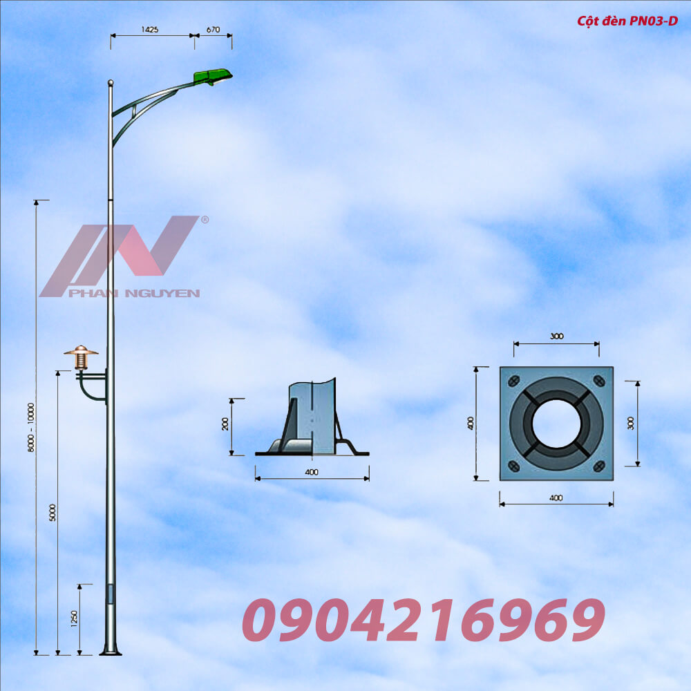 Cột đèn cao áp tròn côn rời cần khi lắp với cần đèn cao áp đơn PN03