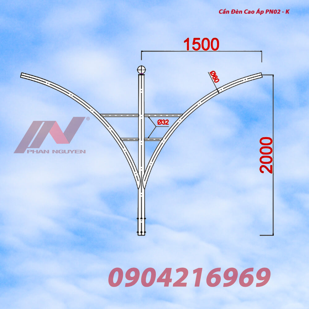 Cần đèn cao áp kép PN02-K với thiết kế tinh tế phù hợp với nhiều loại cột đèn