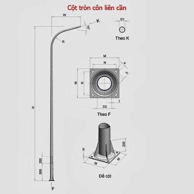 Bản vẽ cột đèn cao áp tròn côn liền cần đơn 8m