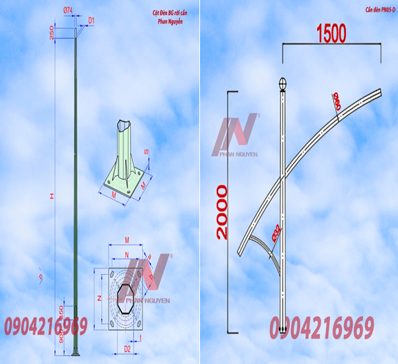 cột đèn cao áp bát giác rời cần cao 7m lắp cần đèn PN05-D