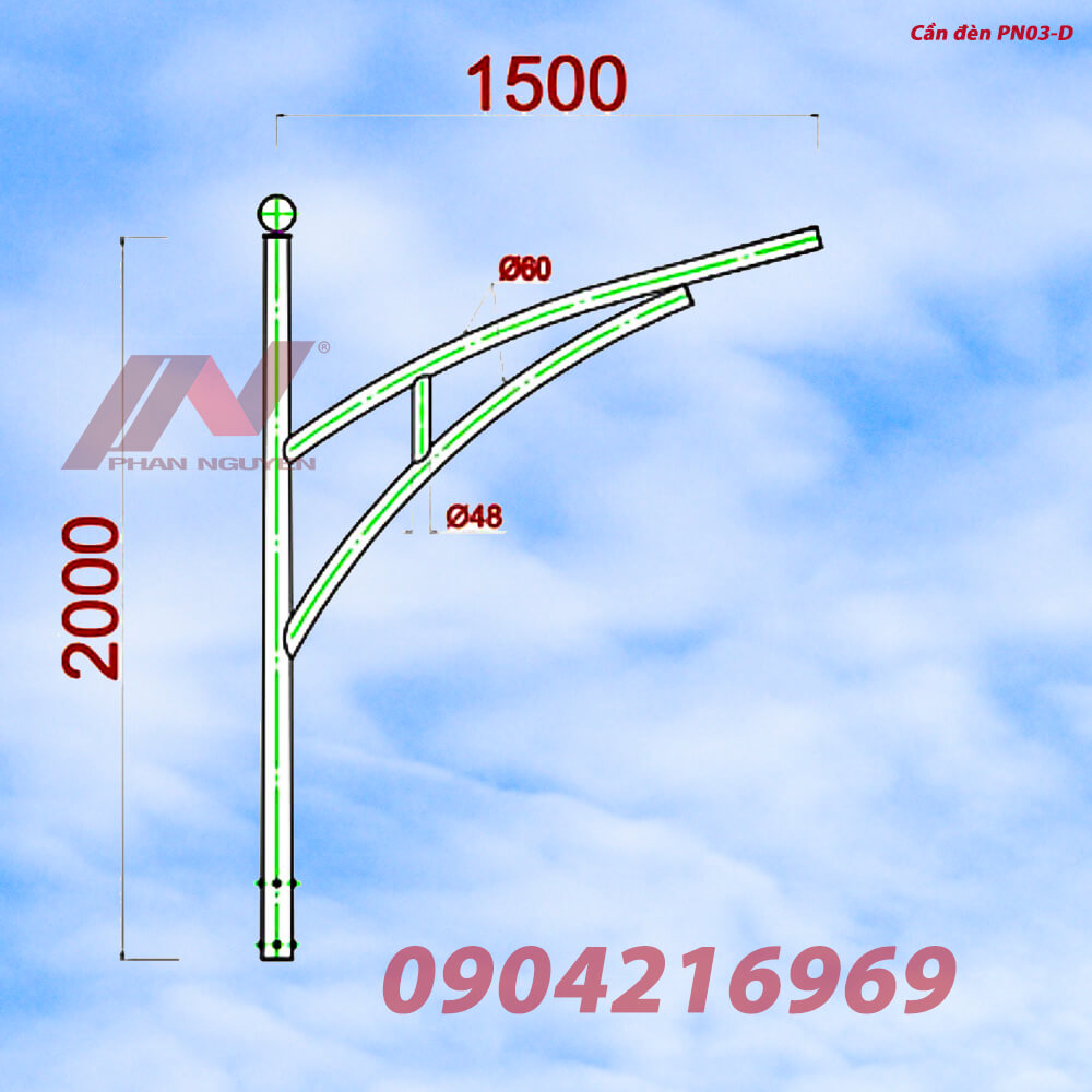 Cần đèn cao áp PN03-D với độ vươn lớn giúp tăng vùng chiếu sáng
