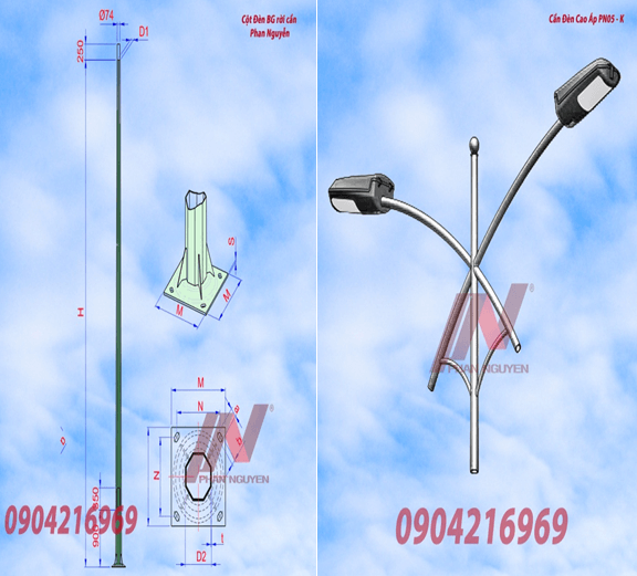 Cột đèn cao áp 8m bát giác rời cần BG8-78 lắp cần đèn kép PN05-K