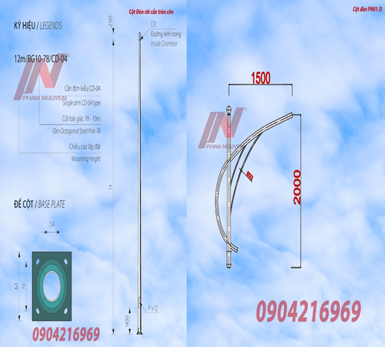 Cột đèn cao áp tròn côn rời cần cao 7m lắp cần đèn đơn PN01-D