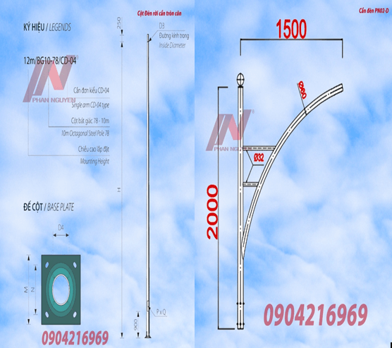 Cột đèn cao áp tròn côn rời cần cao 8m lắp cần đèn đơn PN02-D