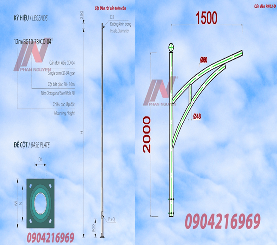 Cột đèn cao áp 9m tròn côn rời cần TC9-78 lắp cần đèn đơn PN03-D