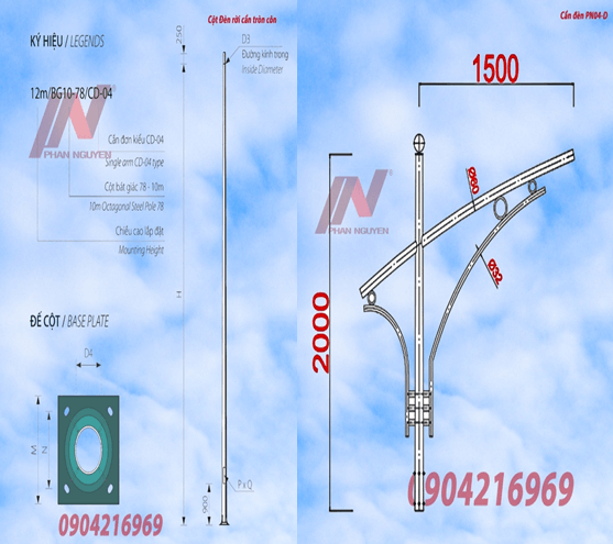 Cột đèn cao áp cao 7m tròn côn rời cần lắp cần đơn PN04-D