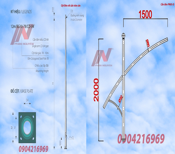 Cột đèn cao áp 8m tròn côn rời cần TC8-78 lắp cần đèn đơn PN05-D