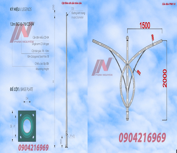 Cột đèn cao áp tròn côn rời cần cao 8m lắp cần đèn kép PN01-K