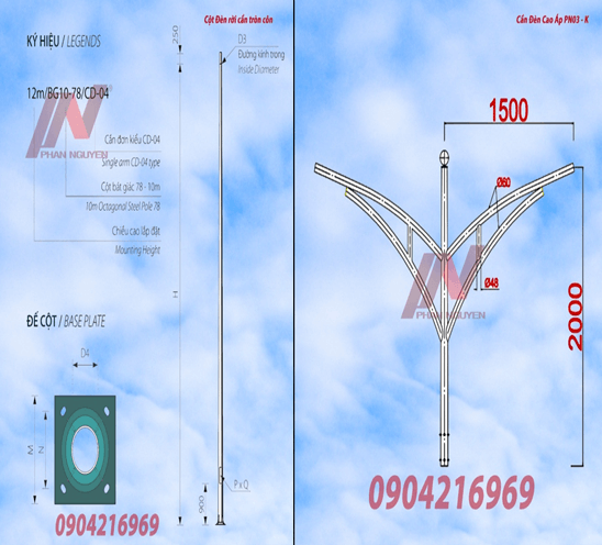 Cột đèn cao áp 8m tròn côn rời cần TC8-78 lắp Cần đèn kép PN03-K