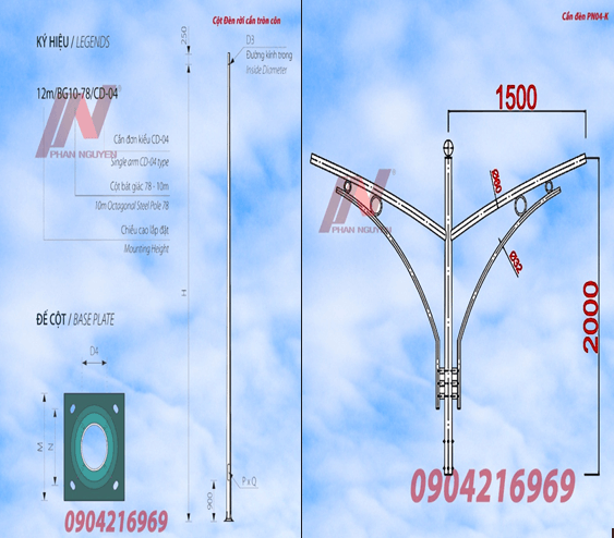 Cột đèn cao áp tròn côn rời cần cao 6m lắp cần kép PN04-K