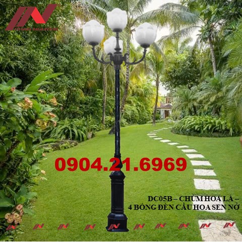 Cột đèn sân vườn DC05B chùm hoa lá 4 bóng đèn cầu hoa sen