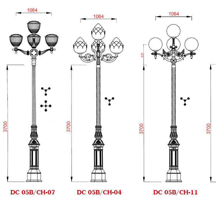 Một số loại cột đèn DC05B đế gang, thân nhôm đúc cao 3,33m