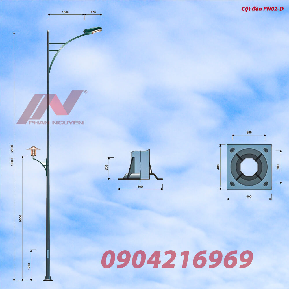 Cần đèn cao áp đơn PN02-D có thể lắp với cột bát giác rời cần