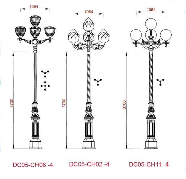 Cột đèn sân vườn DC05B đế gang thân nhôm lắp tay chùm CH06 - 4 bóng