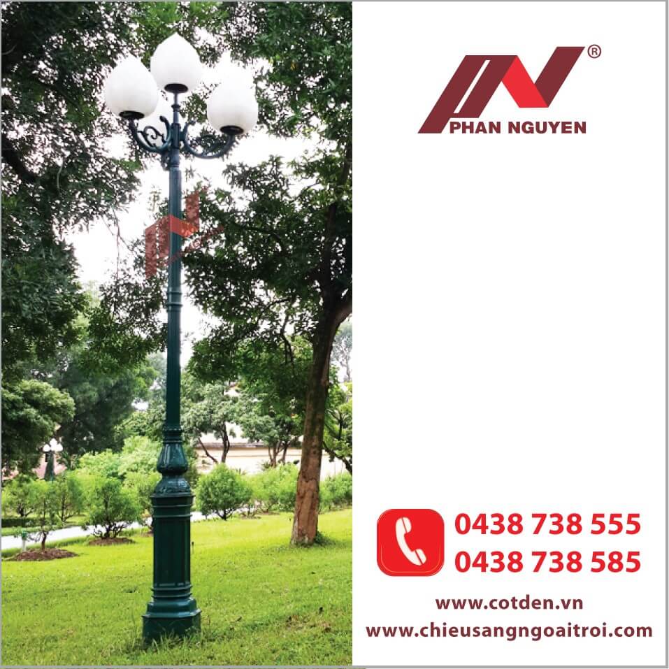 Cột đèn sân vườn DC05B đế gang thân nhôm lắp tay chùm CH07 - 4 bóng
