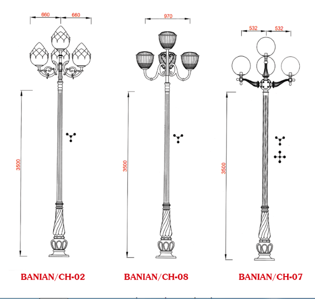 Cột đèn sân vườn Banian 07 có cấu tạo gồm 3 phần đế cột, thân cột và tay chùm