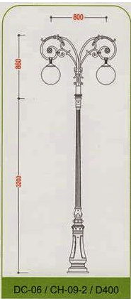 Bản vẽ cột đèn DC06 với tay chùm CH09 - 2 bóng treo