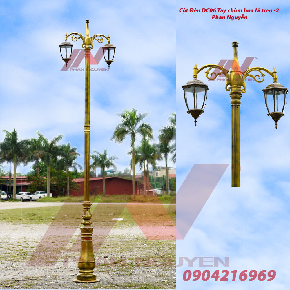 Cột đèn sân vườn DC06 đế gang thân nhôm lắp tay chùm CH09 - 2 bóng treo