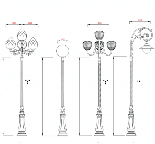 cột đèn sân vườn DC06 đế gang thân nhôm lắp tay chùm CH07 - 4 bóng