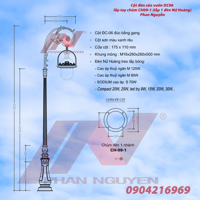 Cột đèn sân vườn DC06 đế gang thân nhôm lắp tay chùm CH09 - 1 bóng treo