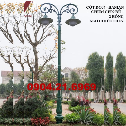 Cột đèn sân vườn DC07 banian chùm CH09 lắp 2 bóng đèn mai chiếu thủy