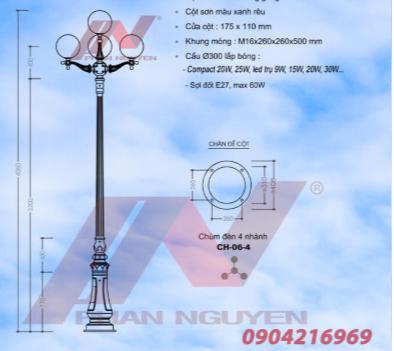 Cột đèn sân vườn DC 06 tay chùm CH 06 - tay chùm 4 bóng