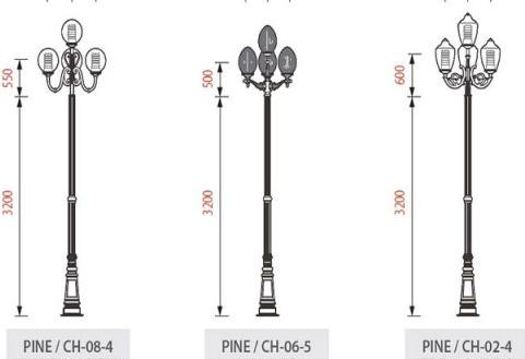 Cột đèn sân vườn PINE đế gang thân nhôm có thể kết hợp nhiều kiểu tay chùm khác nhau