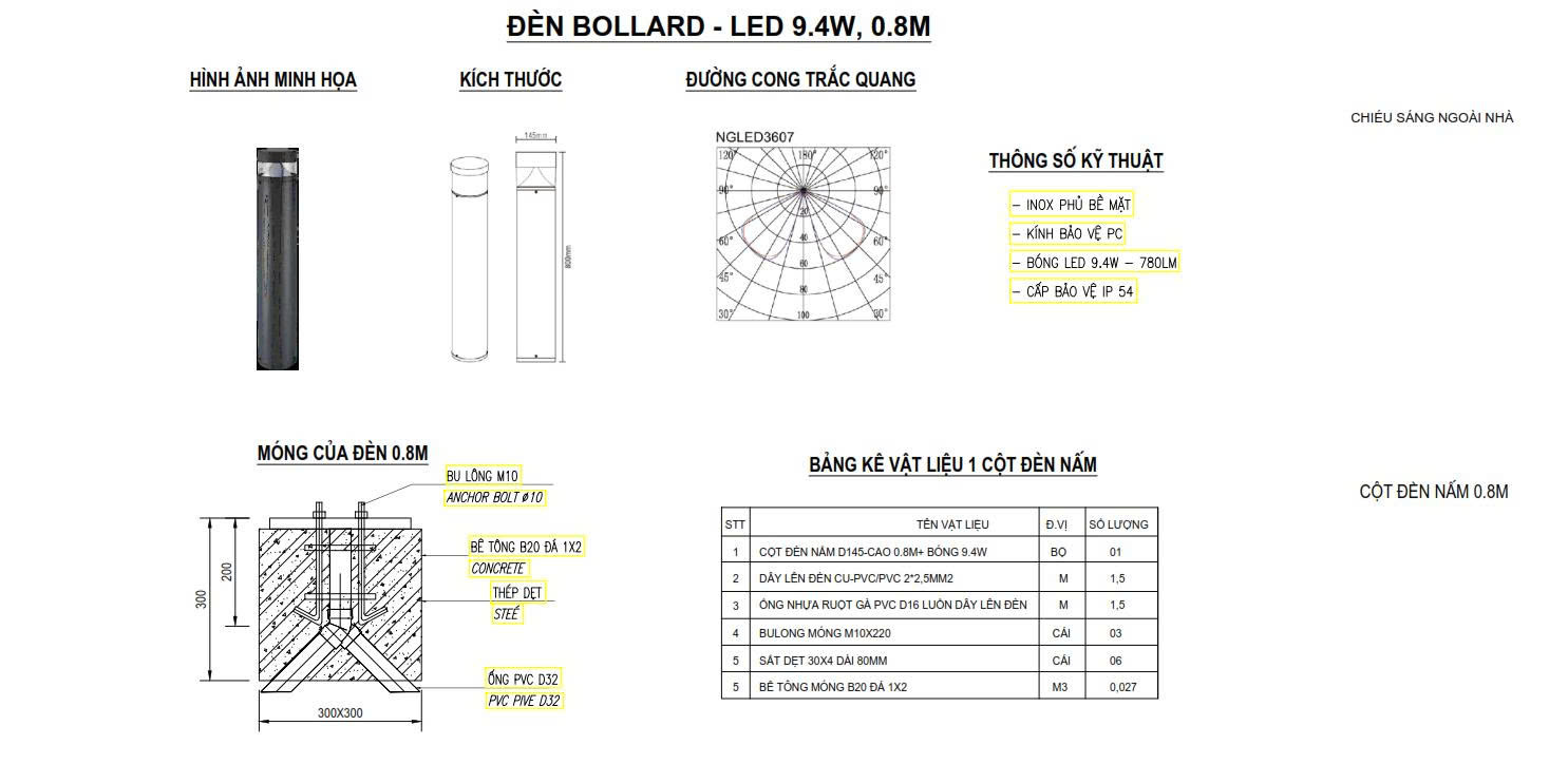 Thông số cơ bản đèn nấm bollard